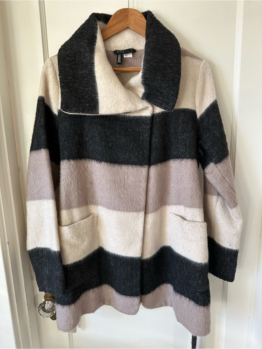 Striped Wool-Blend Sweater Coat - Black, Cream & Taupe